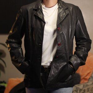Vintage Leather Jacket Black with Red Buttons